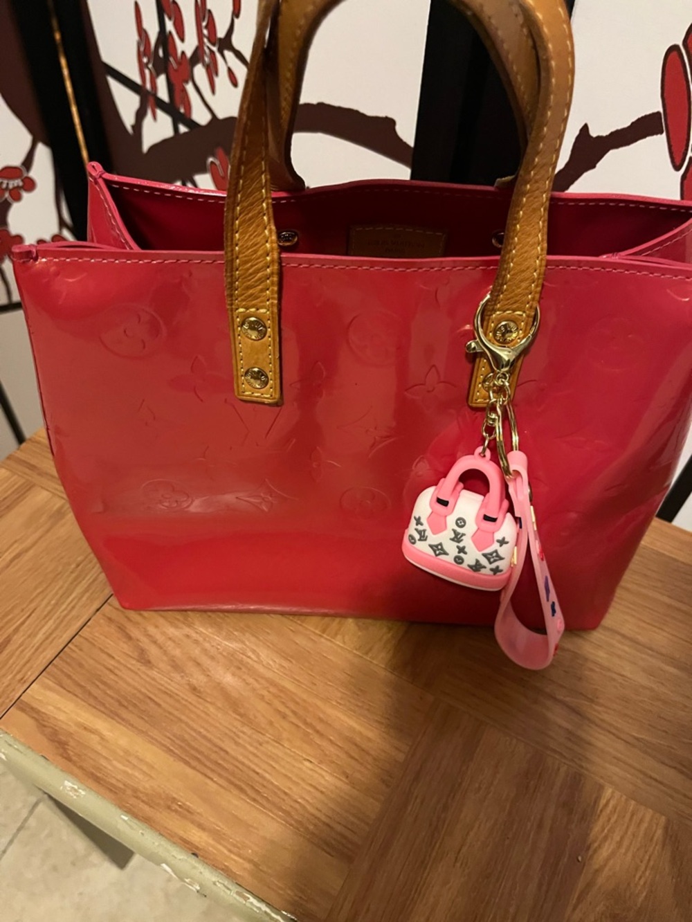 Louis Vuitton red Vernis Tote with Tan Handles and Pink Charm